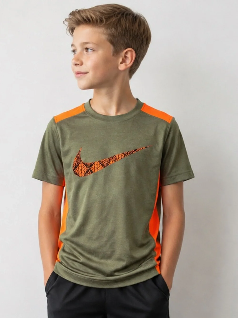 Nike Boys Youth S Dri-FIT Olive Green Orange Swoosh Athletic Shirt